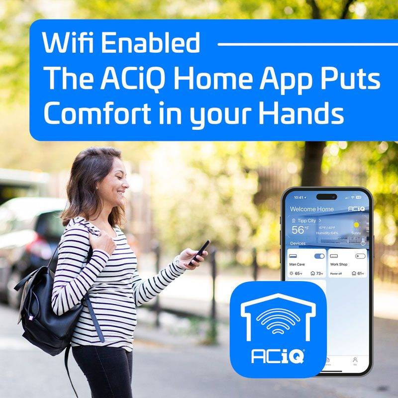 ACiQ WiFi‑enabled smart home app displayed on a smartphone, showing remote control features for heating and cooling, with a person outdoors using their phone and the ACiQ app logo highlighted