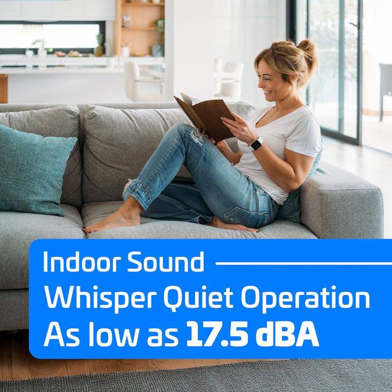 Indoor comfort graphic showing a person relaxing on a living room sofa with text promoting ACiQ mini‑split whisper‑quiet operation, highlighting indoor sound levels as low as 17.5 dBA.