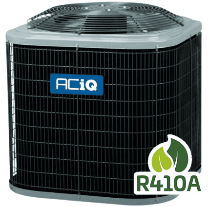 ACiQ air conditioner condenser unit with R410A refrigerant logo.