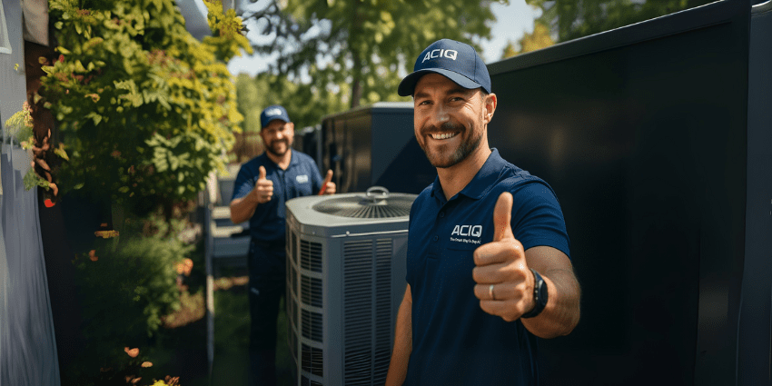 Two ACiQ HVAC dealers giving thumbs up beside outdoor AC units, showing confidence and reliable contractor support.