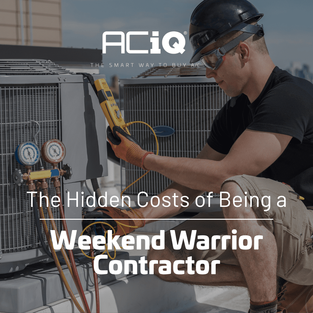 HVAC technician working on an outdoor AC unit with tools, illustrating the hidden costs of being a weekend warrior contractor.