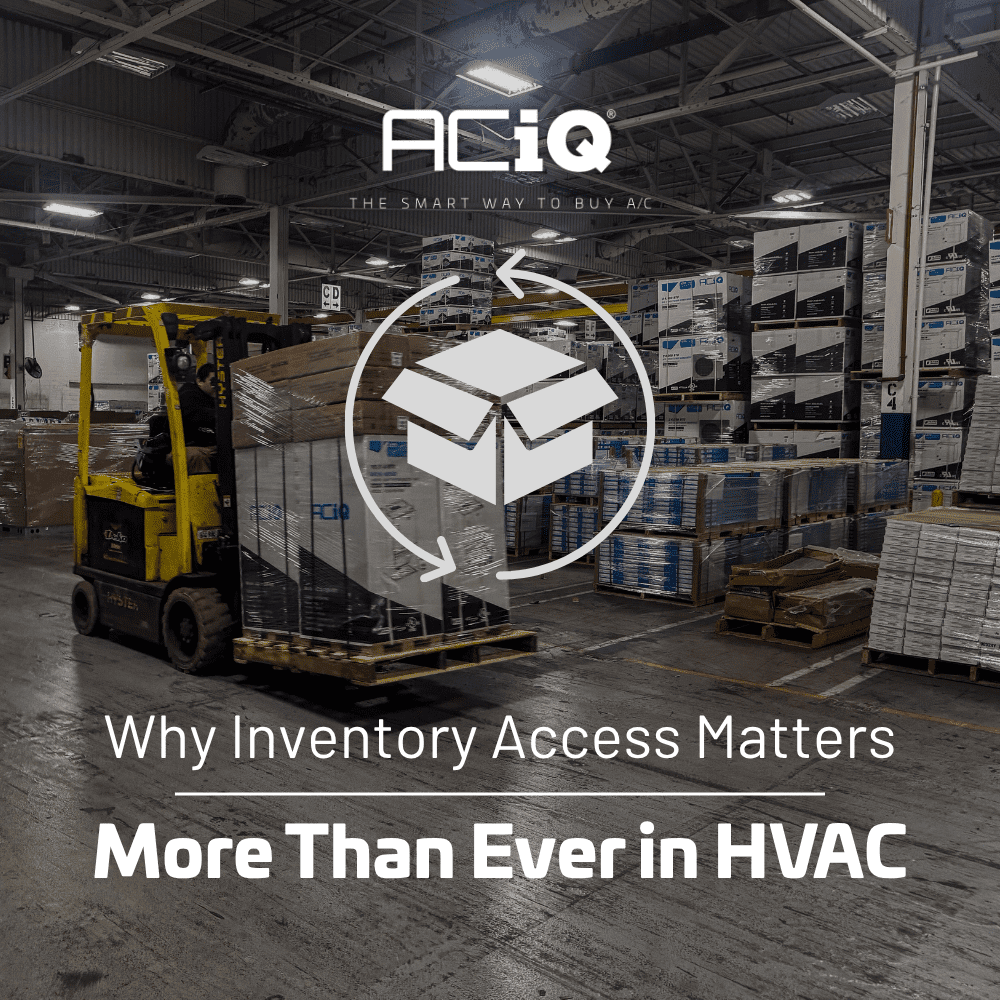 Forklift moving ACiQ HVAC inventory inside a stocked warehouse, highlighting why inventory access matters in the HVAC industry.