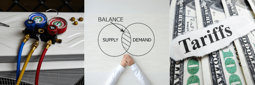 Three market forces affecting HVAC inventory: refrigerant gauges, supply and demand imbalance, and tariffs impacting HVAC equipment costs.