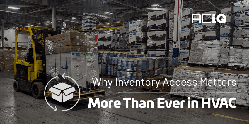 Forklift moving ACiQ HVAC inventory inside a stocked warehouse, highlighting why inventory access matters in the HVAC industry.