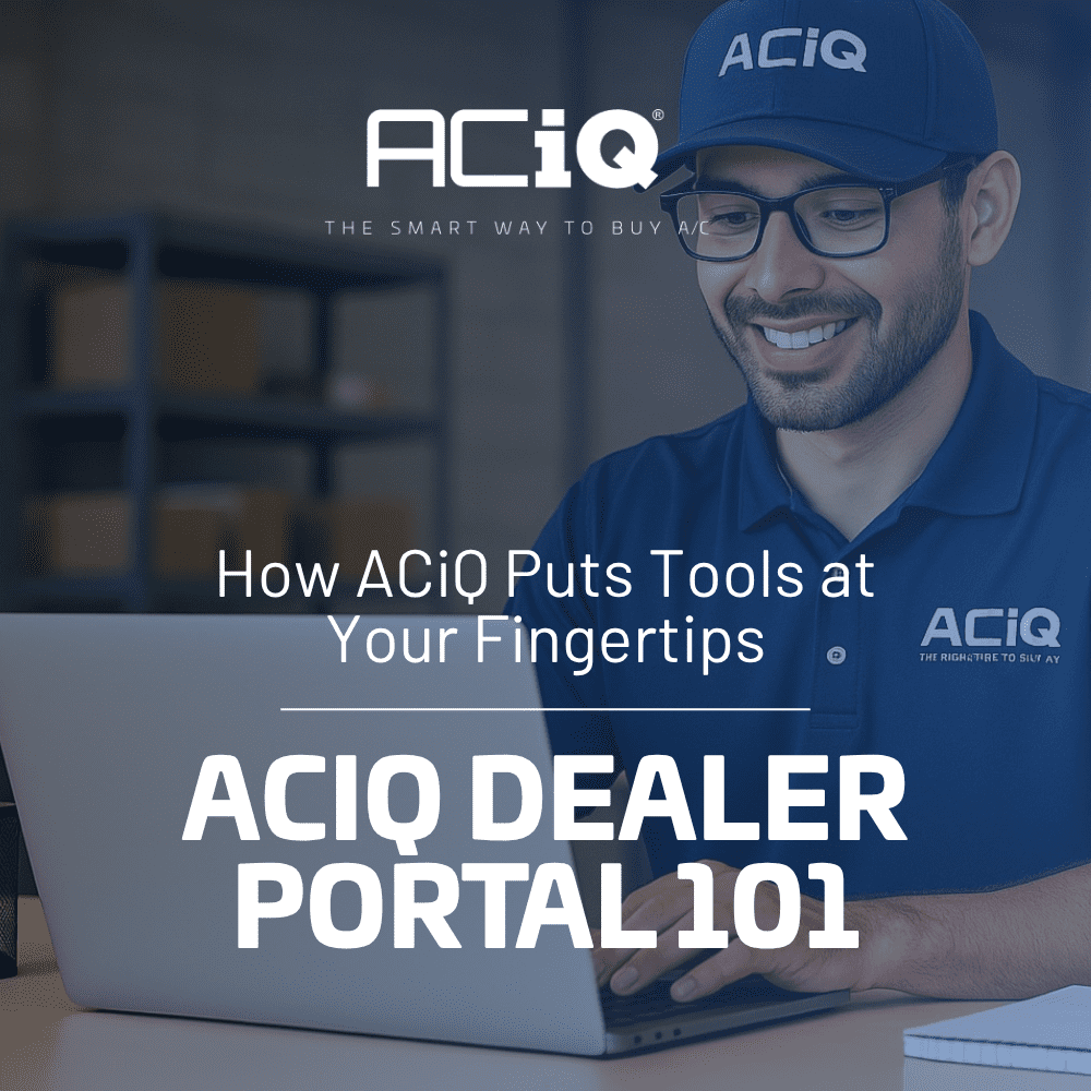 ACiQ dealer working on a laptop inside the Dealer Portal, using tools for inventory management, pricing, and marketing support.