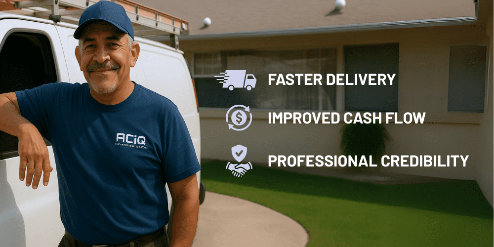 ACiQ Dealer Portal Benefits for Contractors – Faster Delivery, Cash Flow, and Credibility ACiQ contractor standing by work van with icons and text showing dealer portal benefits: faster delivery, improved cash flow, and professional credibility.