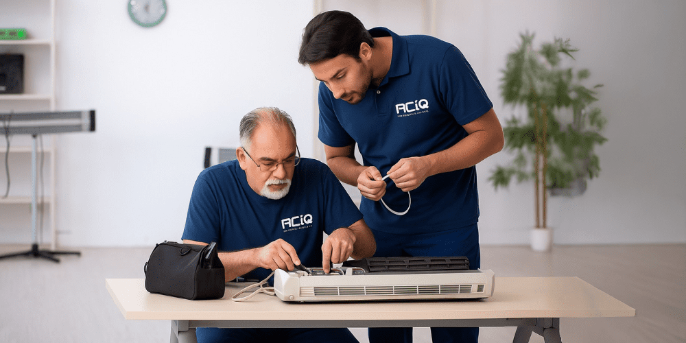 ACiQ Contractors Repairing Mini Split System – HVAC Business Trends 2025 Two ACiQ contractors repairing a ductless mini split system, representing HVAC business trends in training, technology, and contractor support.