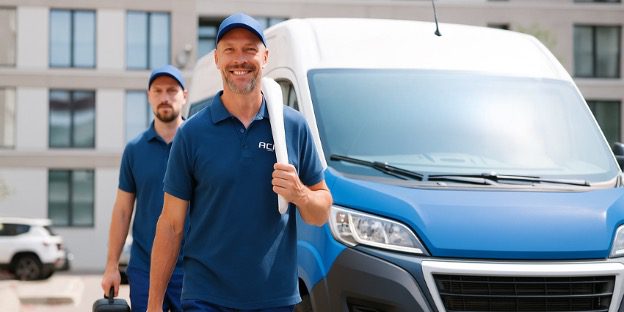 ACiQ HVAC contractors with branded service van – professional technicians representing the ACiQ Dealer Program