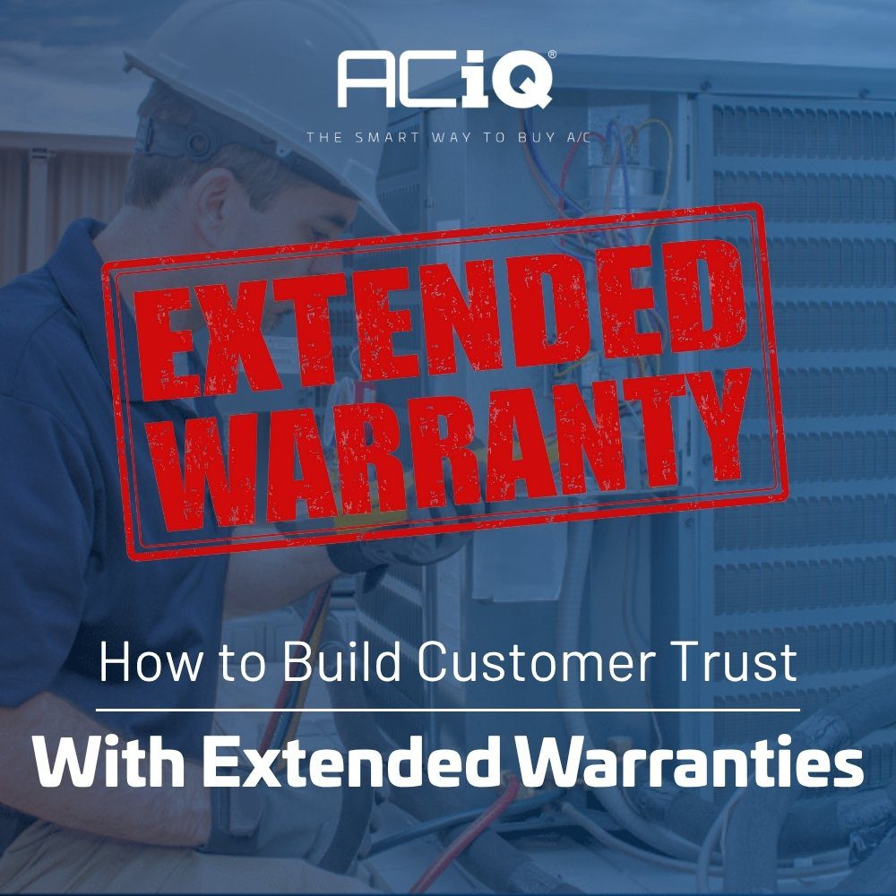 ACiQ Extended Warranty promotional image – HVAC technician repairing unit with red “Extended Warranty” overlay text
