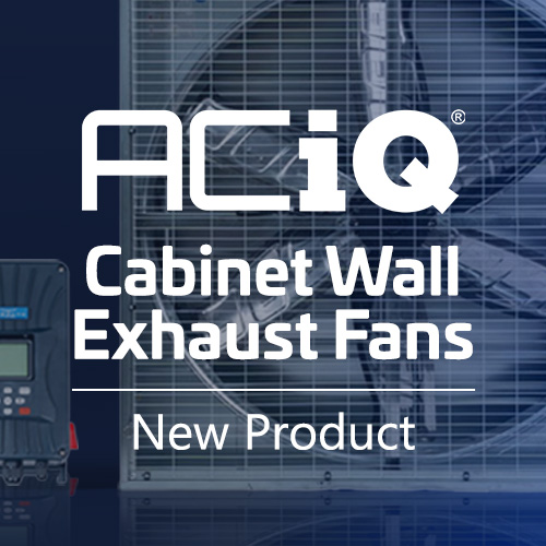 ACIQ cabinet wall exhaust fan new product promotional image showing industrial ventilation fan and controller