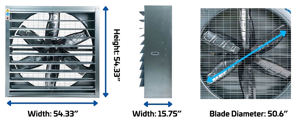 ACIQ cabinet wall exhaust fan dimensions showing width, height, depth, and blade diameter measurements