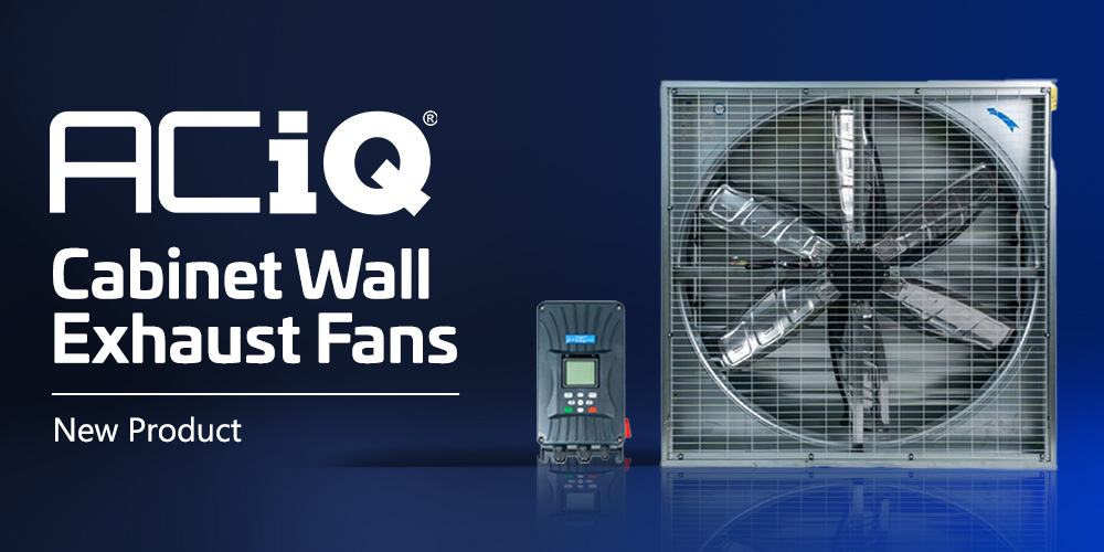 ACIQ cabinet wall exhaust fan with controller shown on blue background for commercial ventilation applications