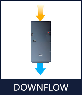 Diagram showing downflow installation orientation for ACIQ central heat pump air handler airflow direction