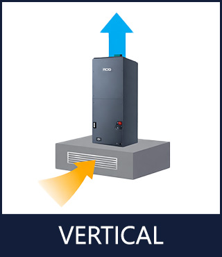 Diagram showing vertical installation orientation for ACIQ central heat pump air handler airflow direction