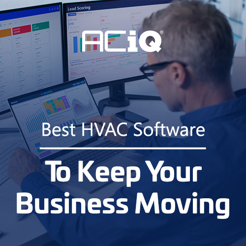 HVAC software dashboard on laptop showing analytics and scheduling tools