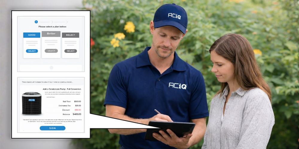 HVAC technician using tablet to present estimate with HVAC software tools
