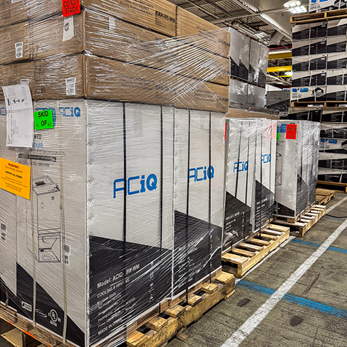 pallets of HVAC equipment in warehouse showing inventory management process