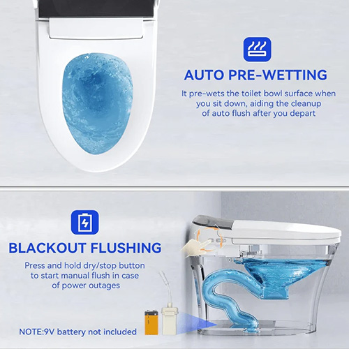 Smart toilet auto pre-wetting bowl feature and blackout flushing backup during power outages