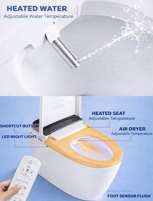 Smart toilet heated water bidet spray with heated seat, air dryer, and LED night light features