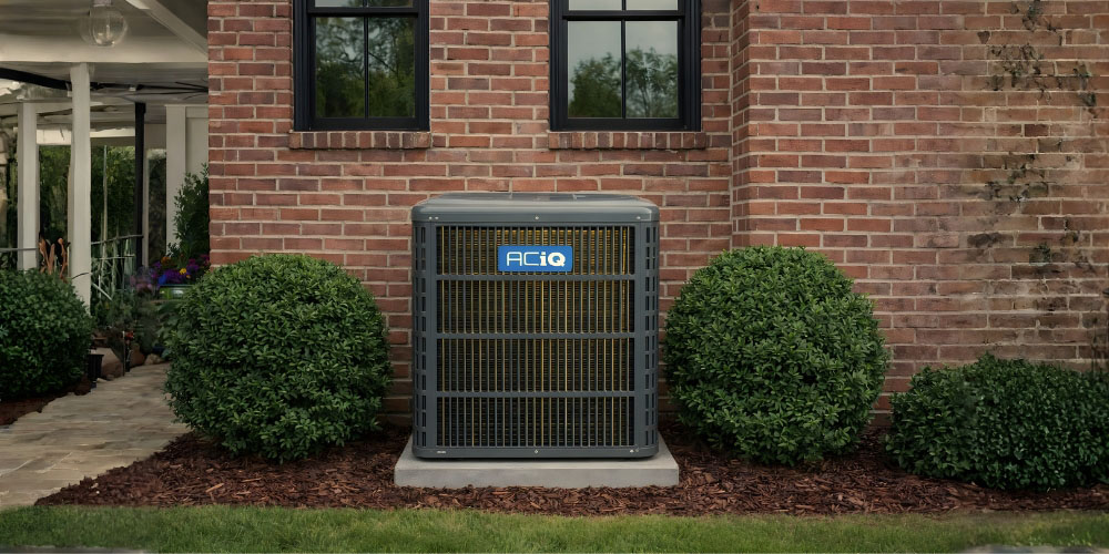 ACiQ Pro Series air conditioner condenser unit installed outside a brick home with landscaping