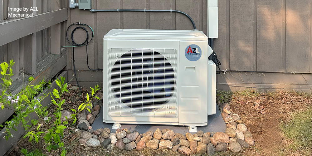 ACiQ outdoor mini split condenser with A2L Mechanical private label sticker installed beside home exterior wall