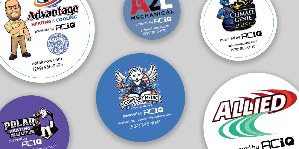 Multiple custom ACiQ private label HVAC contractor stickers showing branded logo badge examples