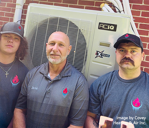 Covey Heating & Air team standing in front of an ACiQ Extreme mini split system.