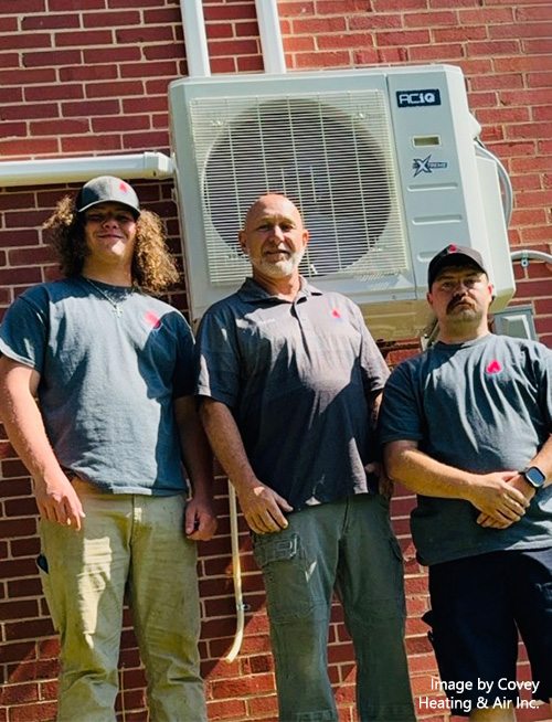 Covey Heating & Air technicians standing beside an ACiQ mini split outdoor unit.