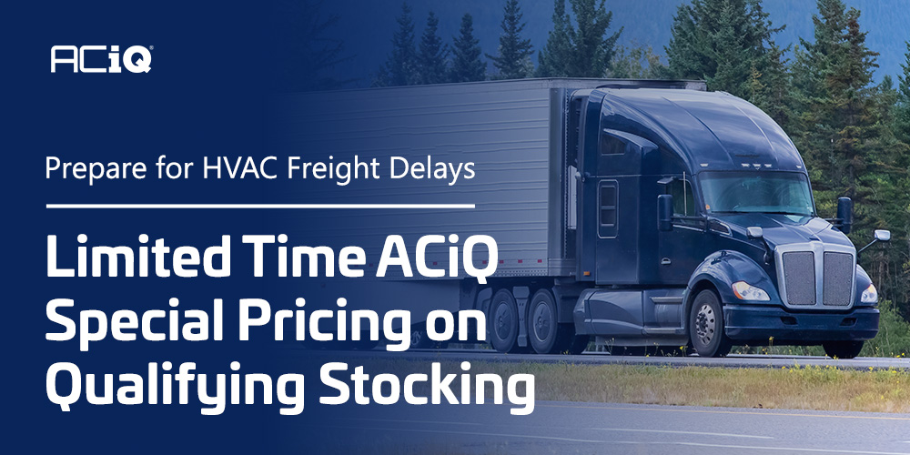 Freight truck with text promoting limited-time ACiQ pricing on qualifying stocking orders.
