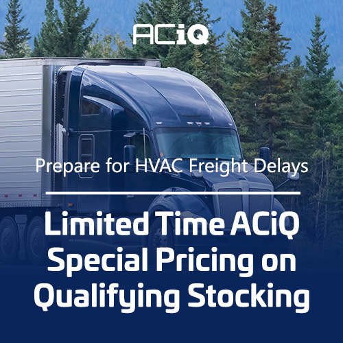 ACiQ freight delay graphic promoting limited-time pricing on qualifying stocking orders.