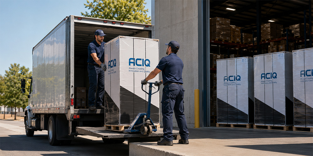 HVAC workers loading palletized ACiQ equipment onto a delivery truck outside a warehouse.