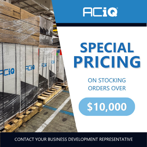 ACiQ special pricing offer for qualifying stocking orders over $10,000 beside stocked HVAC equipment.