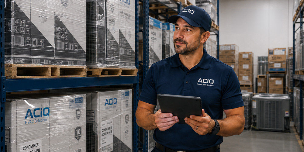 HVAC business employee reviewing ACiQ warehouse inventory on a tablet.
