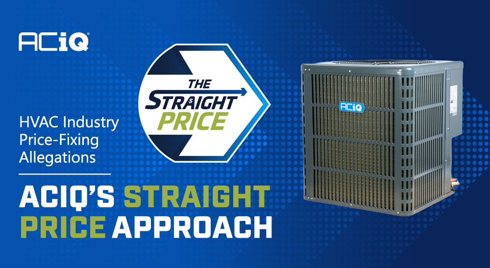 ACiQ HVAC unit with Straight Price branding and reference to HVAC industry price-fixing allegations