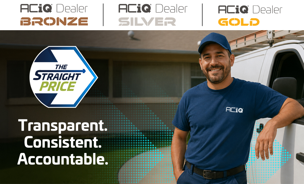 ACiQ dealer beside service van with Bronze, Silver, and Gold dealer tiers and Straight Price messaging