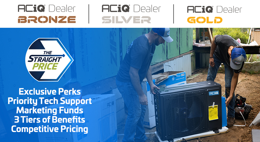 HVAC contractors installing ACiQ equipment with dealer benefits including priority tech support, marketing funds, tier benefits, and competitive pricing