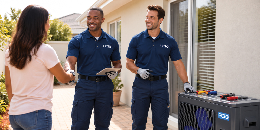 ACiQ HVAC technicians discussing an energy-efficient heating and cooling system with a homeowner