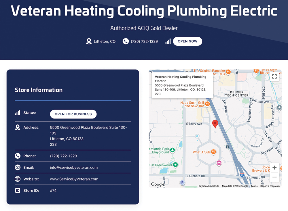 Screenshot Veteran Heating, Cooling, Plumbing, & Electric ACiQ dealer listing in Littleton, Colorado
