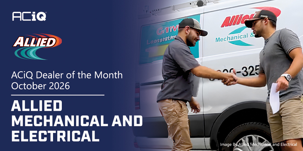 ACiQ Dealer of the Month October 2026 banner featuring an Allied Mechanical & Electrical technician shaking hands with a customer