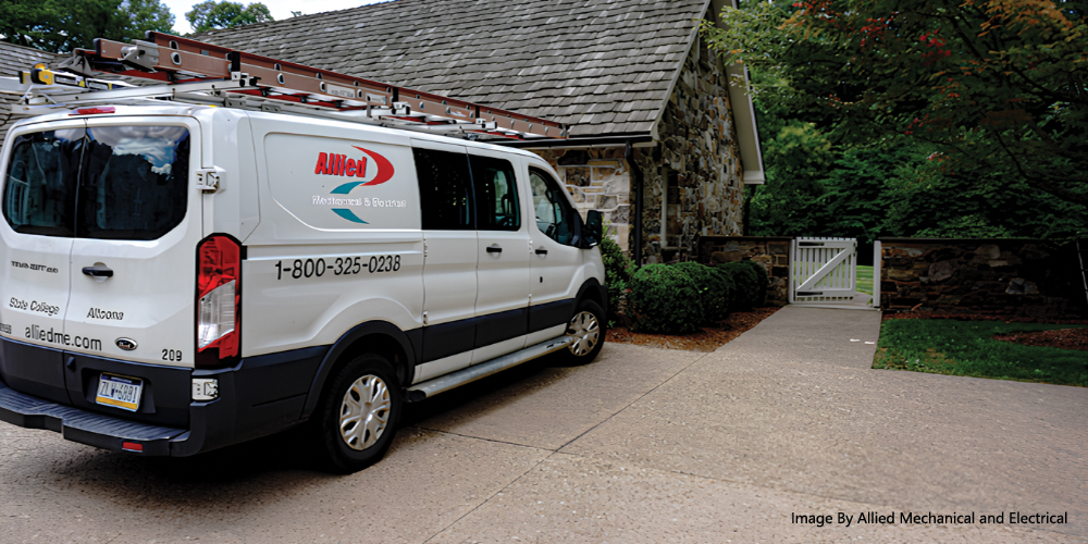 Allied Mechanical & Electrical service van parked at a residential job in Central Pennsylvania