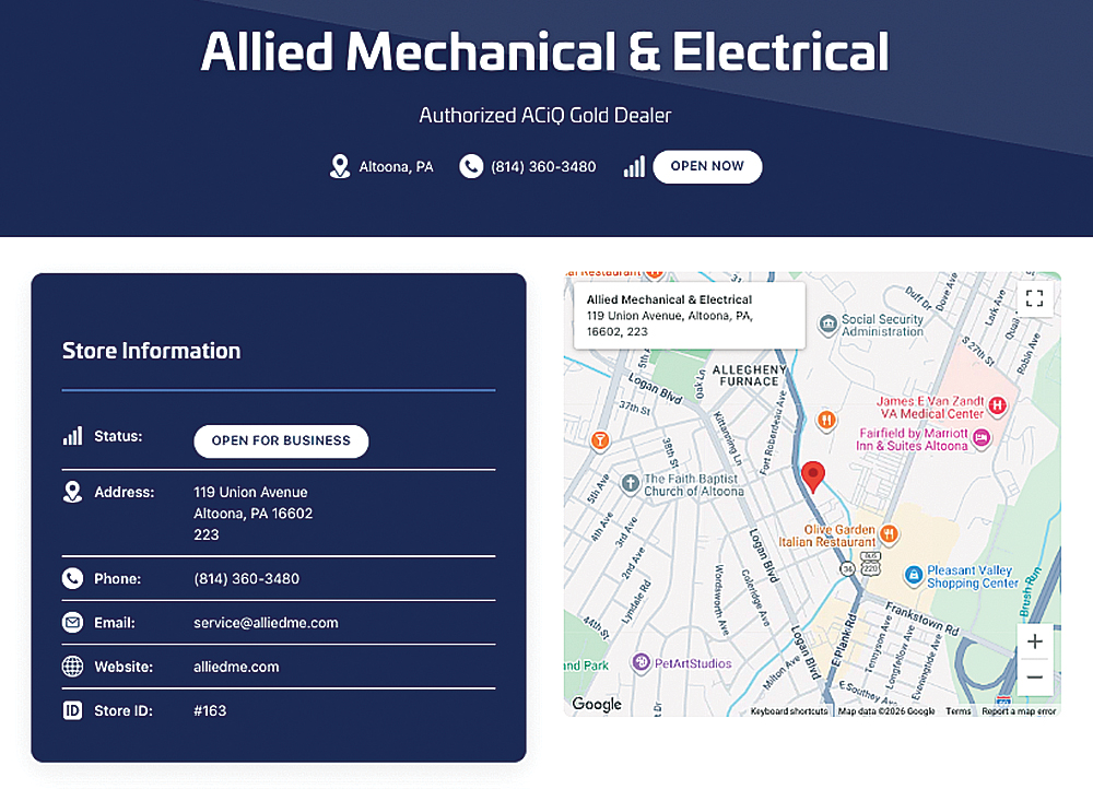 ACiQ Find a Dealer listing for Allied Mechanical & Electrical, Authorized ACiQ Gold Dealer in Altoona, PA