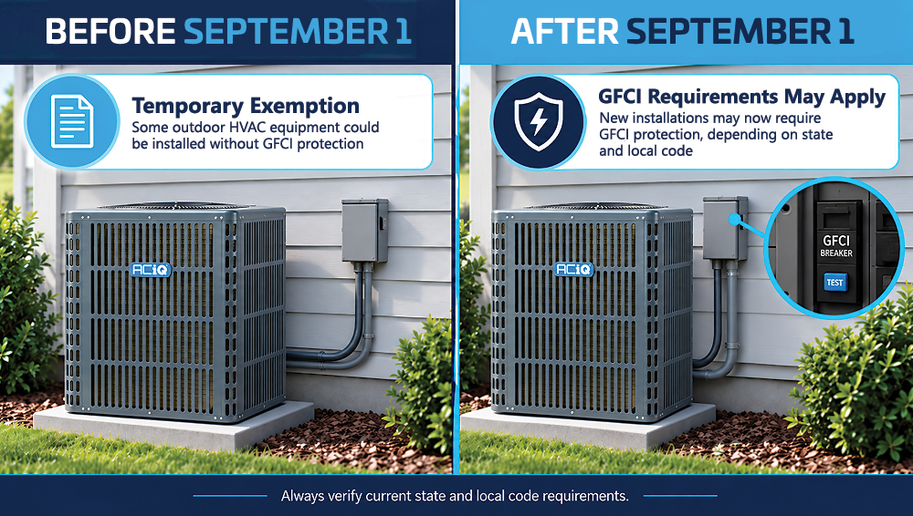 Comparison graphic showing outdoor HVAC GFCI requirements before and after September 1, 2026
