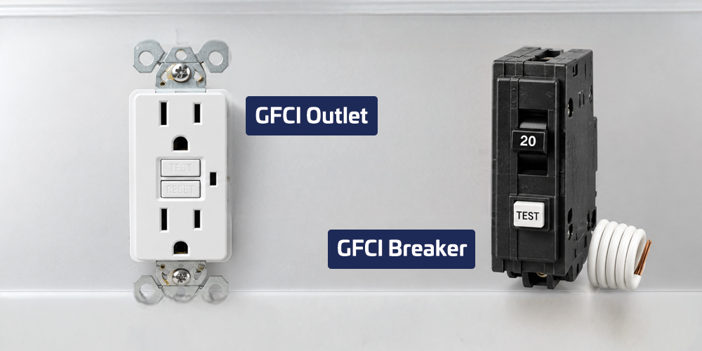 GFCI electrical outlet and 20-amp GFCI circuit breaker with test buttons