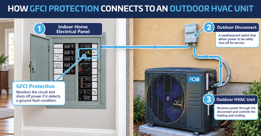 Diagram showing an indoor electrical panel with GFCI protection connected to an outdoor disconnect and ACiQ condenser