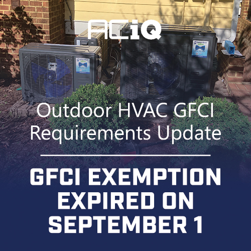ACiQ outdoor HVAC GFCI requirements graphic featuring residential condenser units