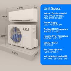 ACiQ ductless mini‑split system diagram showing indoor and outdoor unit dimensions along with key specifications, including 9,000 BTU cooling, 10,000 BTU heating, 115V power supply, SEER2 rating of 24.5, EER2 rating of 15.0, 250–400 sq ft coverage area, and indoor noise levels in dBA.