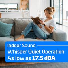 Indoor comfort graphic showing a person relaxing on a living room sofa with text promoting ACiQ mini‑split whisper‑quiet operation, highlighting indoor sound levels as low as 17.5 dBA.
