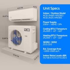ACiQ 30,000 BTU ductless mini‑split system diagram showing indoor and outdoor unit dimensions and specifications, including 230V power supply, heating and cooling from –13° to 122°F, SEER2 rating of 20, EER2 rating of 11.0, estimated 1,000–1,500 sq ft coverage area, and indoor noise levels listed in dBA.