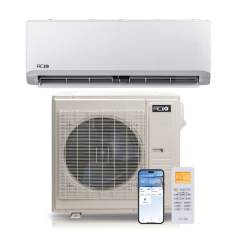 ACiQ ductless mini‑split air conditioner and heat pump system showing the indoor wall‑mounted unit, outdoor condenser, smartphone WiFi app control, and remote thermostat controller.
