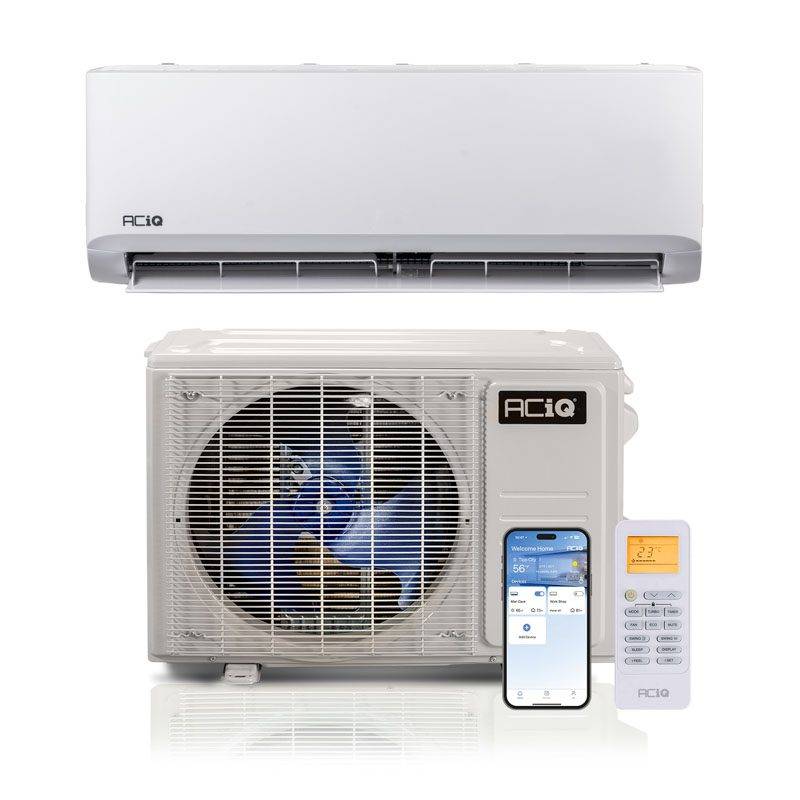 ACiQ ductless mini‑split air conditioner and heat pump system showing the indoor wall‑mounted unit, outdoor condenser, smartphone WiFi app control, and remote thermostat controller.